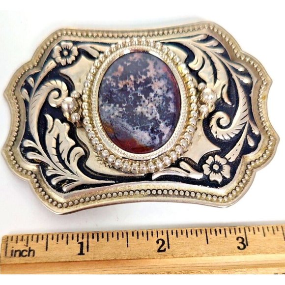 Vintage Belt Buckle Western Style Silver Ornate with Large Black Oval Stone main image 4